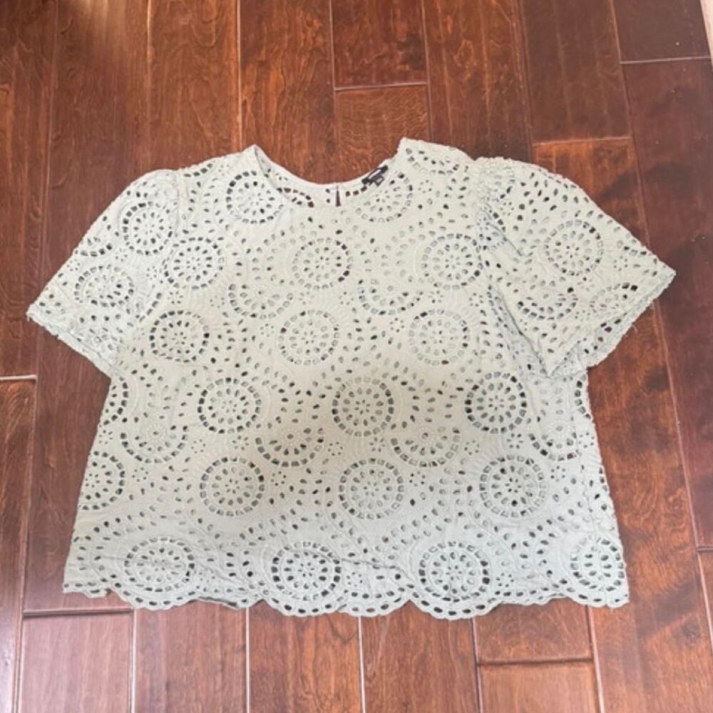 Express XL Sage Eyelet Embroidered Crop Top Scallop Hem.